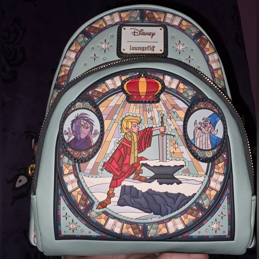 New!Loungefly Disney The Sword in the Stone Stained Glass Portrait Mini Backpack